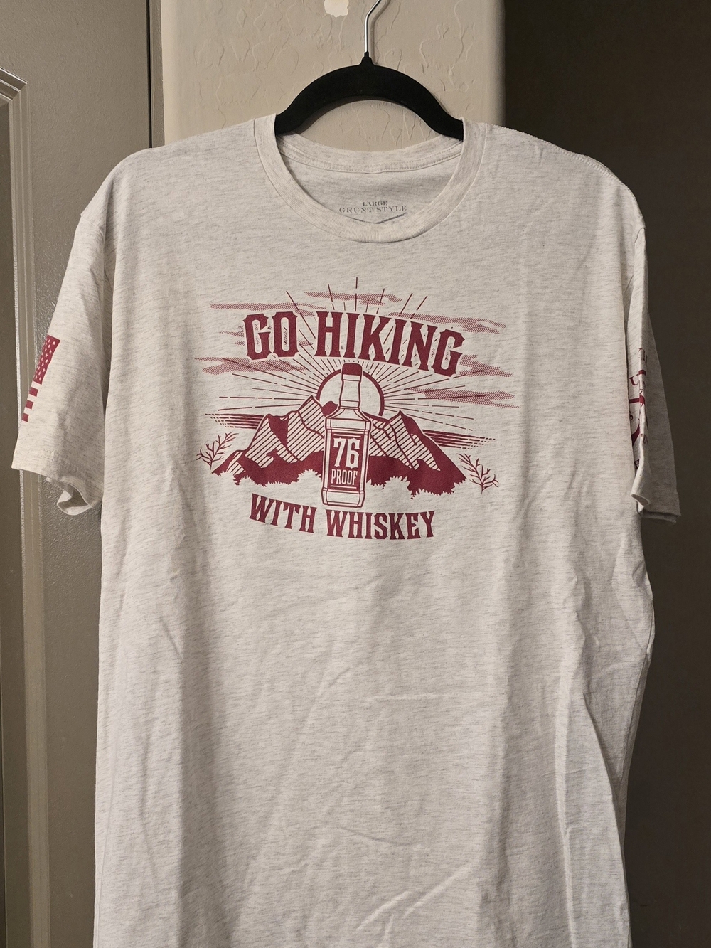Grunt Style Light Gray T-Shirt with Maroon 'Go Hiking With Whiskey' Graphic, Lrg